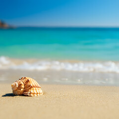 Seashell on sandy beach with turquoise ocean waves in background summer vacation travel nature coastal scenery tropical paradise