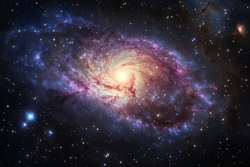 spiral galaxy swirling cosmic dust, distant stars, universe background; astronomy