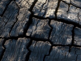 Poster - Close-up Texture of Charred Wood with Cracks and Lines Under Soft Lighting