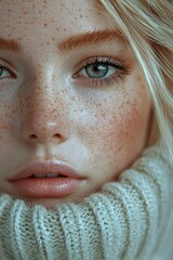 Wall Mural - Captivating portrait of a young woman with striking blue eyes and freckles wrapped in a cozy sweater