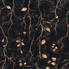 Poster - A black and gold leafy patterned wallpaper with a dark background