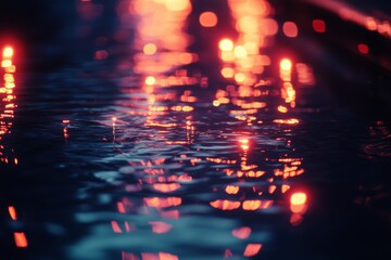 Poster - Reflections of glowing lights on tranquil water surface at night