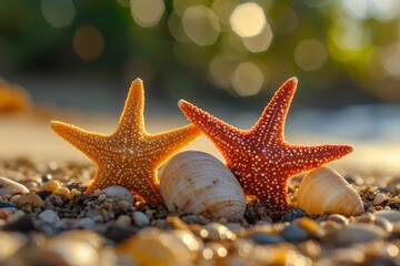 Poster - Starfish and shells resting on a sandy beach during golden hour near the ocean