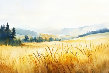 Wall Mural - Watercolor painting of a wheat farm landscape at dawn, golden hues blending with misty sky, gentle wind movement, impressionist style