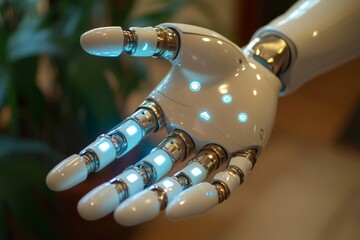 Poster - Innovative humanoid robotic hand showcasing advanced technology and glowing features in a modern setting