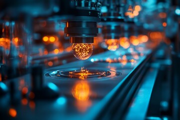 Poster - Close-up view of a high-tech manufacturing process featuring glowing elements and precision machinery in a modern facility