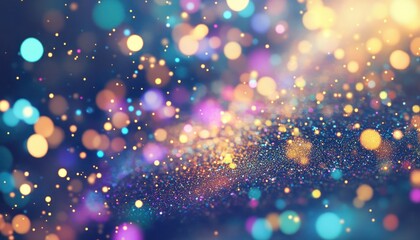 Poster - Abstract Bokeh Background With Colorful Glowing Light Particles In Gold Purple And Blue