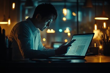 Poster - Focused individual using smartphone while reviewing documents on laptop in dimly lit workspace at night