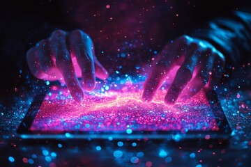 Poster - Hands interacting with a glowing tablet display emitting colorful particles in a dark environment at night