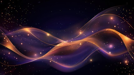 Poster - Abstract Golden Wave Motion With Glitter Particles On Dark Background
