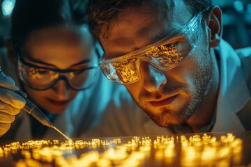 Poster - Scientists conducting intricate research with glowing materials in laboratory at night