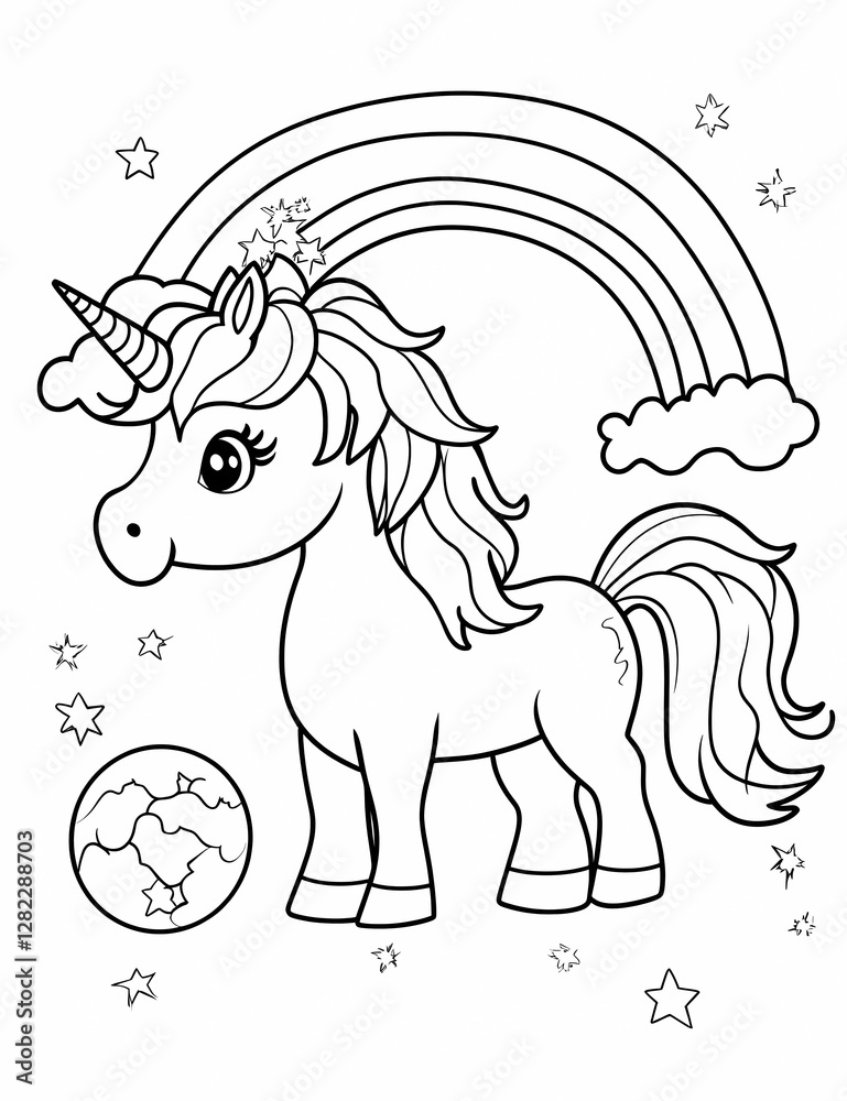 Coloring page for kids, a cute cartoon unicorn with a rainbow and stars ...