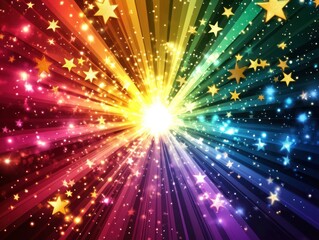 Poster - Abstract Rainbow Burst Background With Golden Stars And Radial Light Effect