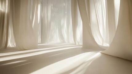 Poster - Abstract White Curtain Interior With Sunlight Creating Shadows and Patterns on Floor