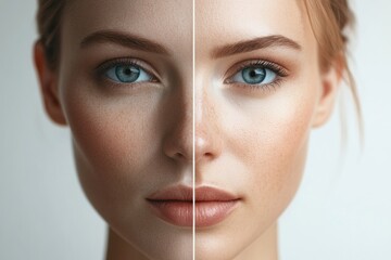 Poster - Womans face split between age and youth, showcasing wrinkles on one side and smooth skin on the other side. Generative AI