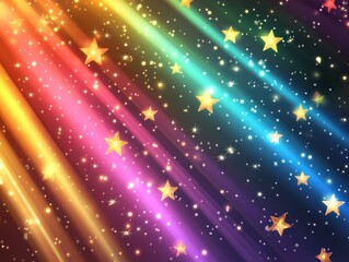 Poster - Colorful Diagonal Light Rays With Golden Star Sparkles on Dark Background