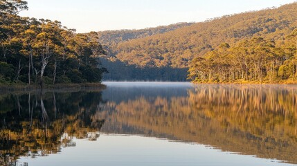 Wall Mural - Calm lake reflecting autumn trees and mist at dawn.