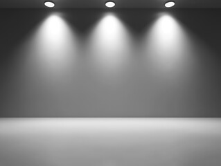 Poster - Empty Grey Studio with Spotlights Illumination on Wall and Floor Creating Shadows