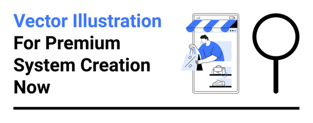 Mobile interface with storefront, man holding shopping bag, and magnifying glass. Ideal for e-commerce, online shop development, retail, search optimization, marketing, analytics flat landing page