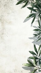 Poster - Green Leaves Arranged On White Textured Surface Casting Shadows For Natural Minimalist Aesthetic