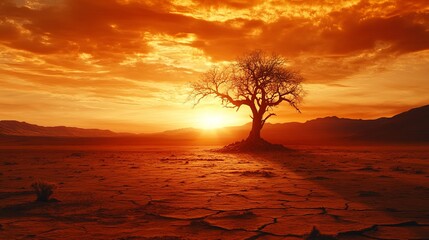 Poster - Stunning sunset over a solitary tree in a cracked desert landscape during twilight hours