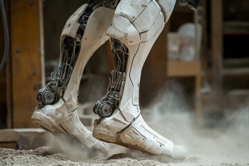 Poster - Robot legs walking through fine dust in a construction setting showcasing advanced technology and design elements