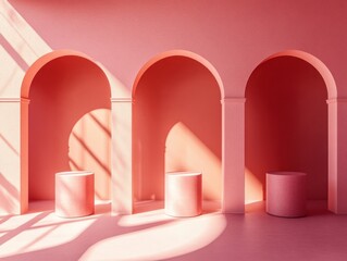 Poster - Pink Archway Interior Design With Cylindrical Pedestals And Sunlight