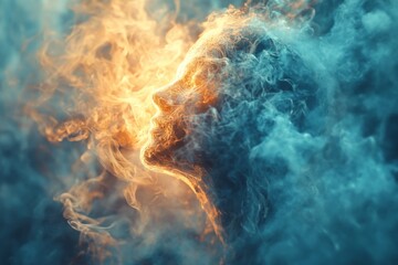 Poster - Mysterious face emerging from swirling smoke illuminated by warm and cool lighting