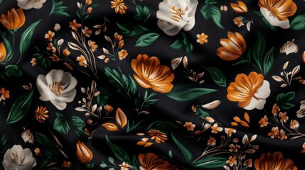 Canvas Print - Dark floral fabric with orange and white flowers. Elegant textile texture.