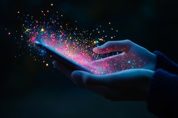 Aufkleber - Digital magic is unleashed from a smartphone in a dark environment filled with vibrant colors and sparkles