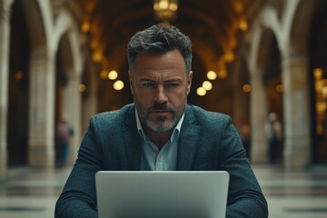Poster - Business professional focused on laptop in historic building during evening hours
