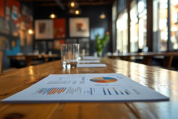 Poster - Business meeting setting with charts and reports displayed on a wooden table in a modern interior