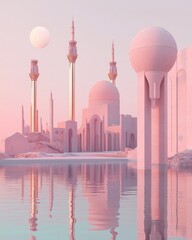 Poster - Abstract architectural landscape with pixelated buildings and serene water reflection under soft pastel sky