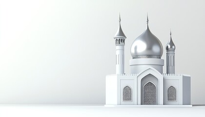 Poster - Architectural 3D rendered mosque model with silver dome and white walls against a white background. Design features detailed minarets and archway. Decorative patterns on the windows enhance the