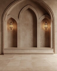 Poster - Arched niches with lanterns in textured wall, architectural detail with warm lighting and beige tones, decorative interior elements with ornate design