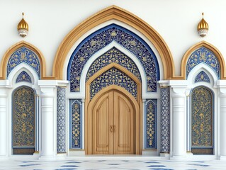 Poster - Architectural exterior of a religious building featuring detailed mosaic patterns blue and gold arches and wooden doors set against a white facade