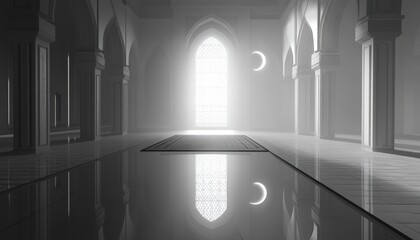 Poster - Interior scene with a bright light illuminating the end of a hall with arches and columns moon shaped objects and reflective flooring
