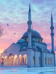 Poster - Digitally rendered building architecture against a pastel sky a peaceful dawn or dusk scene. Snowy rooftops and minarets with birds in flight