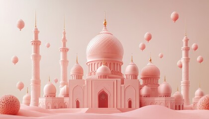 Poster - Pink architectural structure against a soft background featuring domes minarets and floating spherical elements a digitally rendered composition