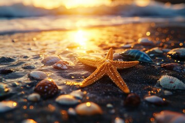 Poster - Starfish resting on sandy beach at sunset with shells scattered around