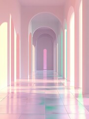 Poster - Elegant corridor with arched doorways bathed in soft light and reflection creating serene, ethereal feel with pink and white