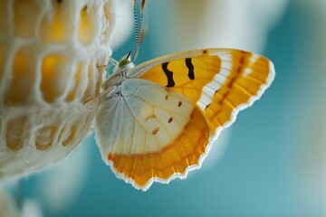 Poster - Intricate butterfly resting on a honeycomb under soft sunlight in a serene garden setting