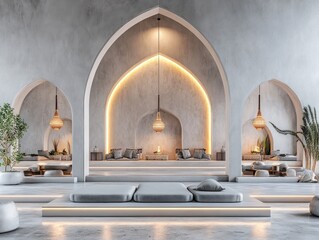Poster - Luxurious interior design with arched entryways ambient lighting and plush seating arrangements in a minimalist style