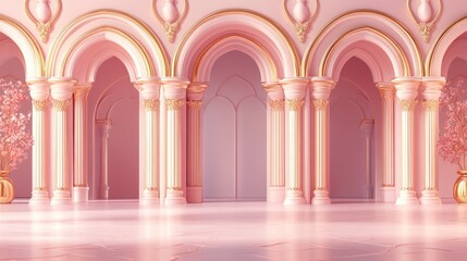 Poster - Elegant pink interior with arched columns gold accents and soft lighting creating a serene atmosphere with hints of floral decorations