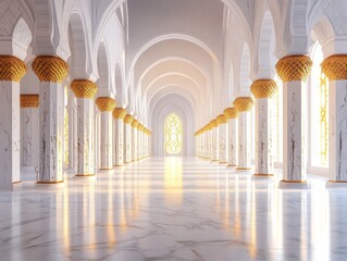 Poster - Ornate architectural interior with pixelated columns and arches illuminated by warm sunlight creating a sense of grandeur and depth
