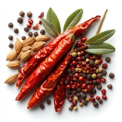 Wall Mural - Assorted spices with red chili peppers and peppercorns on white background