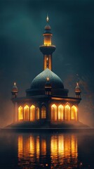 Poster - Glowing structure reflecting on water at night with warm golden light and dark blue background