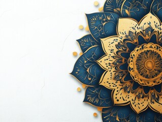 Poster - Floral design featuring golden and indigo mandala pattern on white background with scattered golden dots