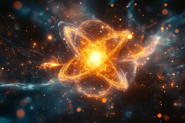 Poster - Vibrant visualization of an atom with radiant particles in a cosmic setting