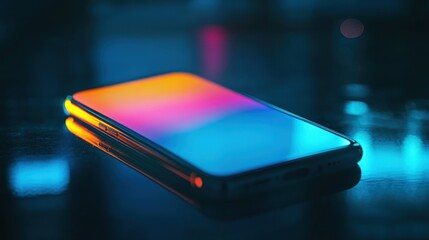 Poster - Reflecting neon city lights at night, a modern smartphone displays a colorful gradient on its screen, symbolizing cyber security and advanced communication technologies